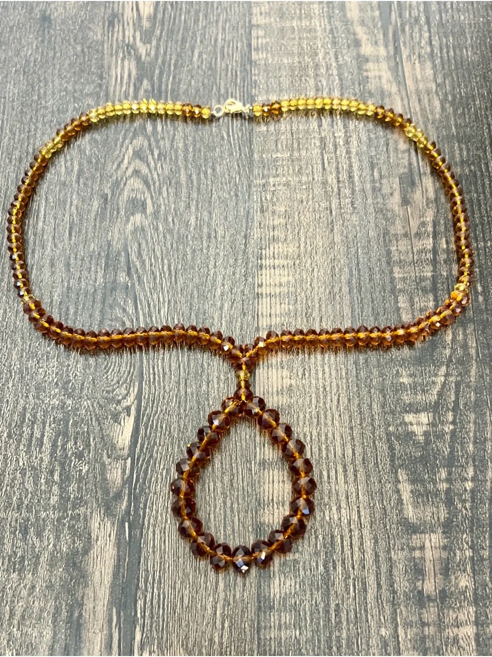 Amber Faceted Crystal Bead Statement Necklace Teardrop Shaped Drop Pendant 22